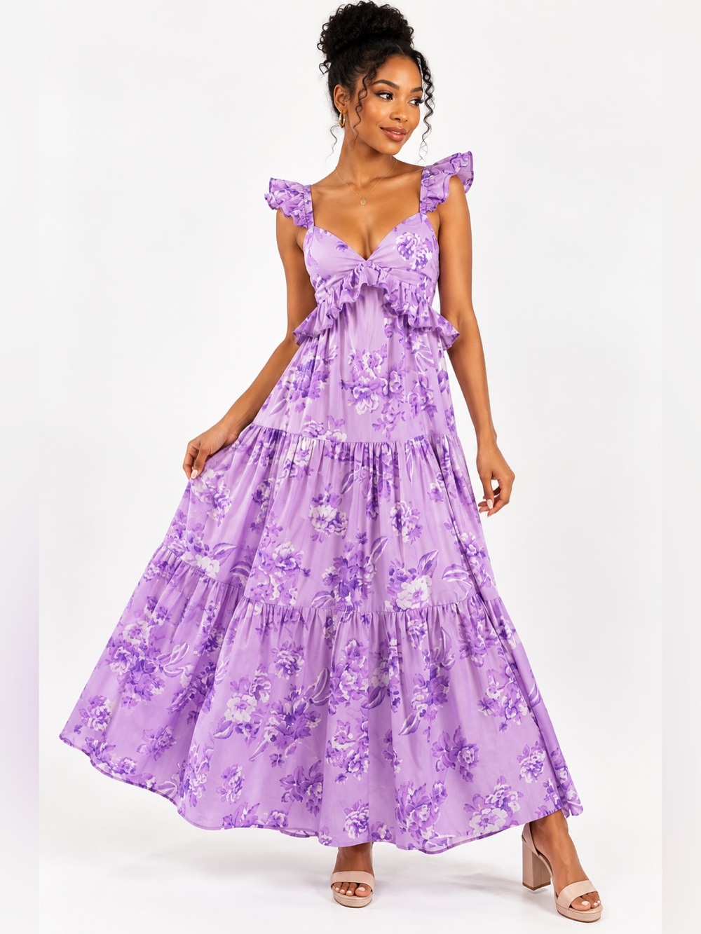 FLYING TOMATO Lavender Floral Ruffle Tiered Maxi Dress Women’s Size Large